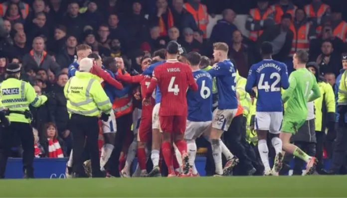 Curtis Jones and Abdoulaye Doucoure clashed at the final whistle, sparking a melee involving both sets of players