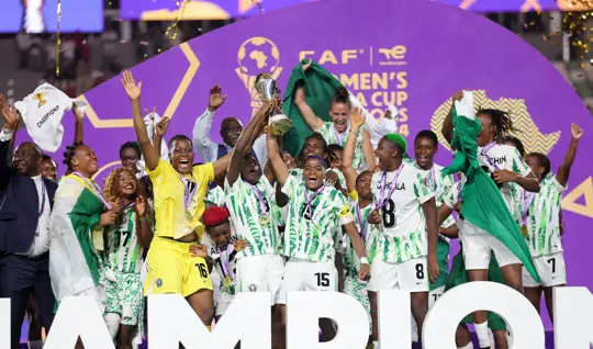 Super Falcons Celebrating their triumph in Rabat on Saturday