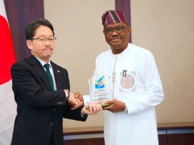 The Japan ambassador to Nigeria, Mr Suzuki Hideo and FCT Minister Barr Nyesom Wike, when the former paid a courtesy visit to the latter in Abuja on Tuesday